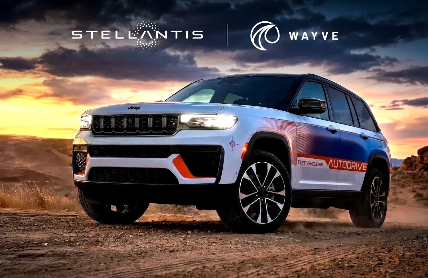 Wayve and Stellantis logo lockup announcing strategic technology partnership for STLA AutoDrive automated driving platform