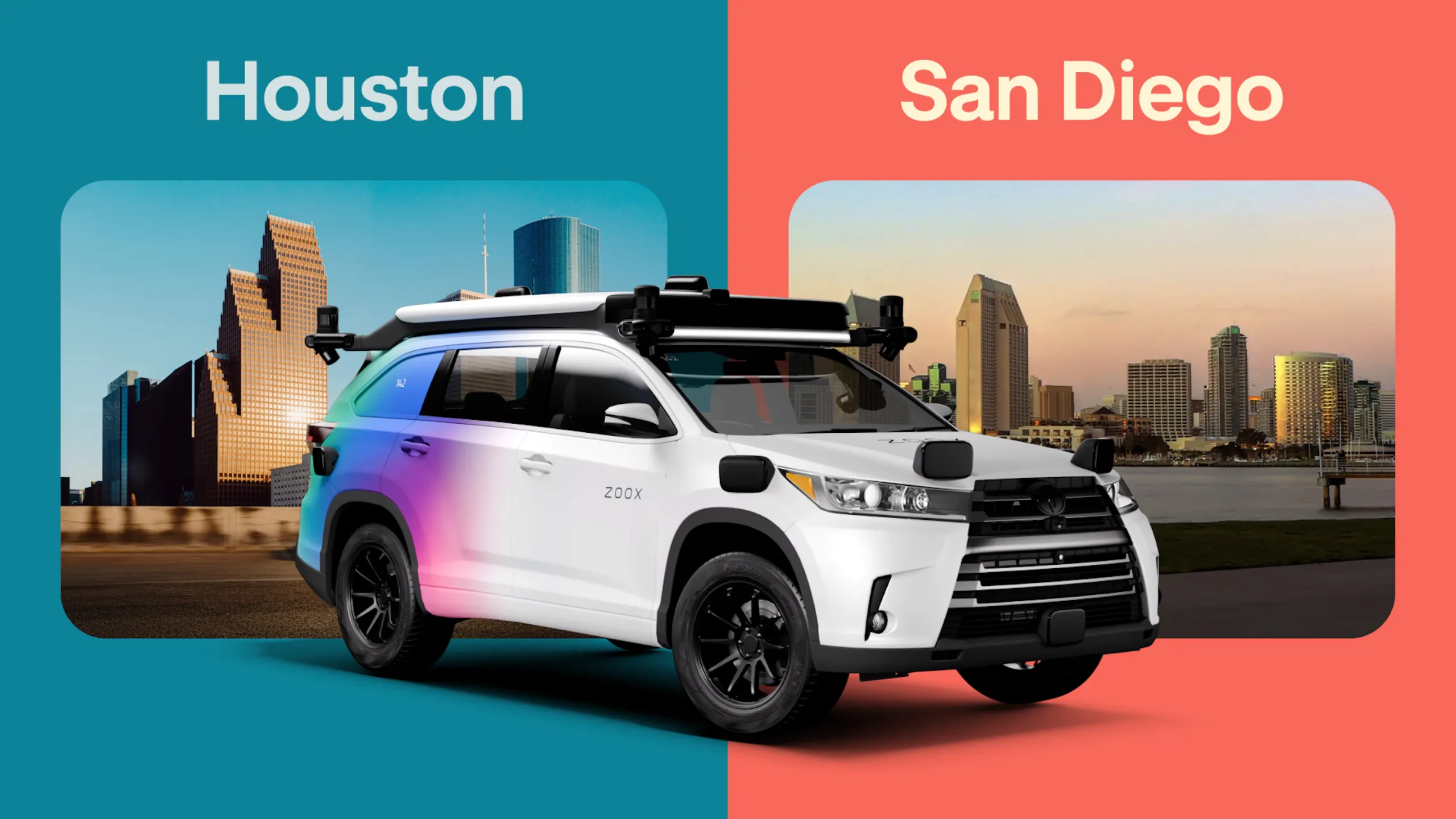 Zoox retrofitted test vehicle used for robotaxi testing in Houston and San Diego