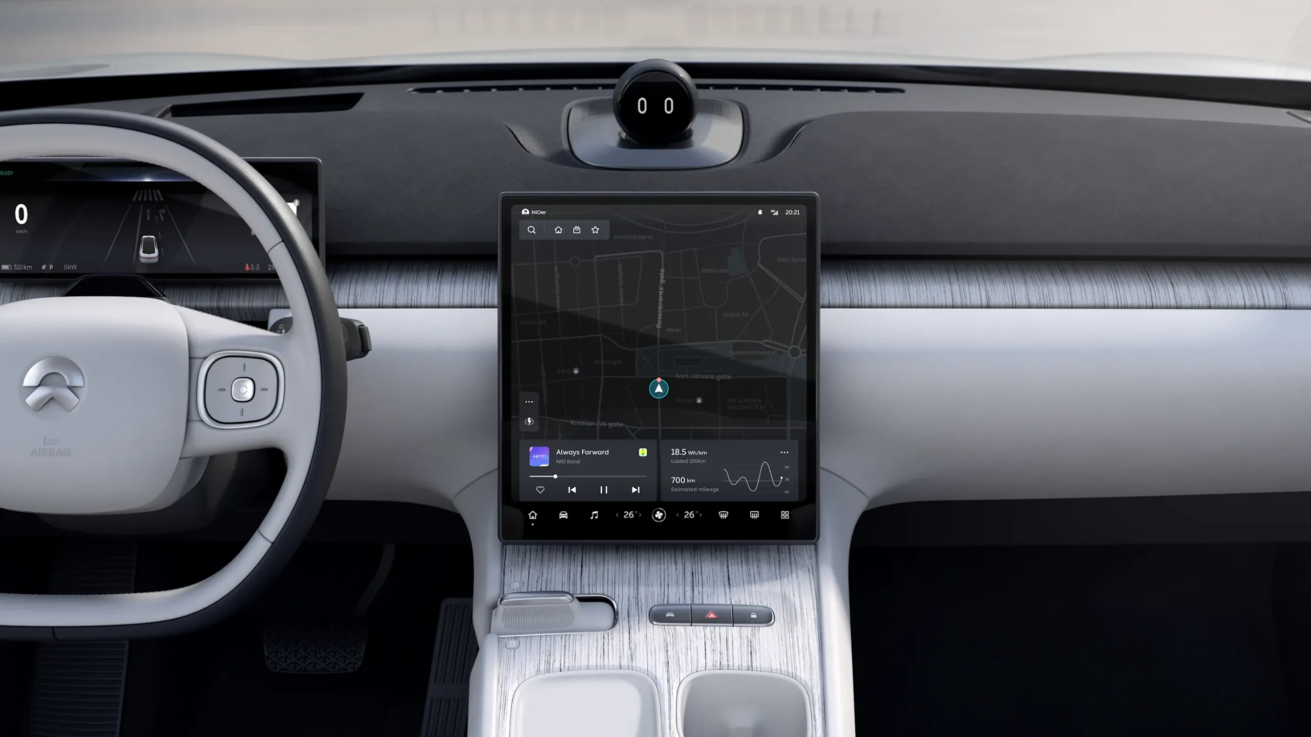 NIO ET7 interior and center display; the ET7 is among the NIO models using HERE streaming maps in Europe
